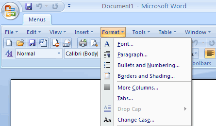 Classic Menus and Toolbars on Ribbon of Microsoft® Office 2007